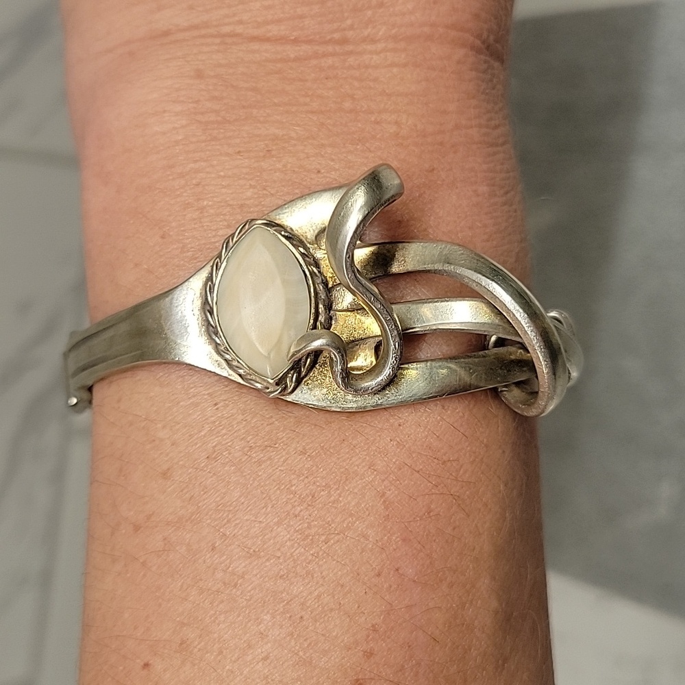 Silver Fork Cuff Bracelet With White Stone